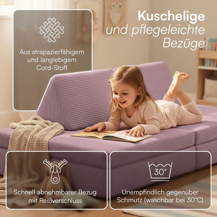 Bellabino 'Nile' Spielsofa, 4-tlg, Cord, pink, faltbare Kindercouch, abnehmbarer & waschbarer Bezug, Kindersofa aus Schaumstoff – Bild 5