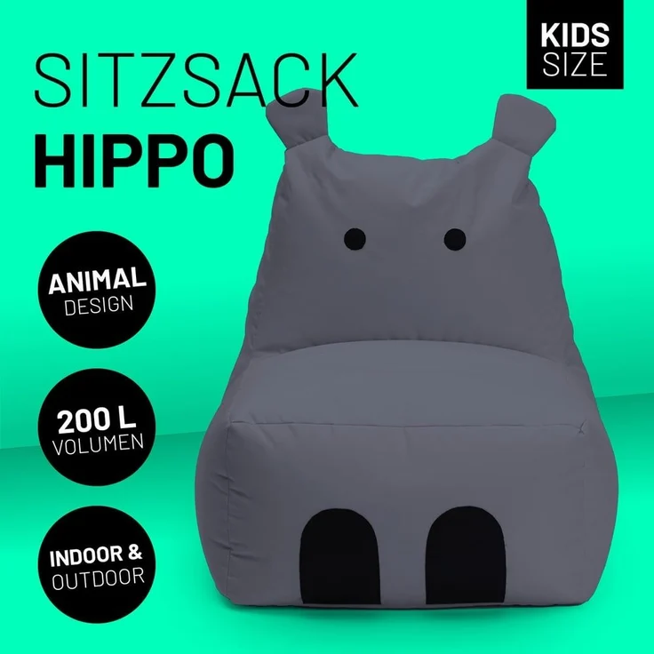 LUMALAND 'Animal Line Hippo' Kindersitzsack, indoor & outdoor, Polyester grau, 200 l – Bild 1