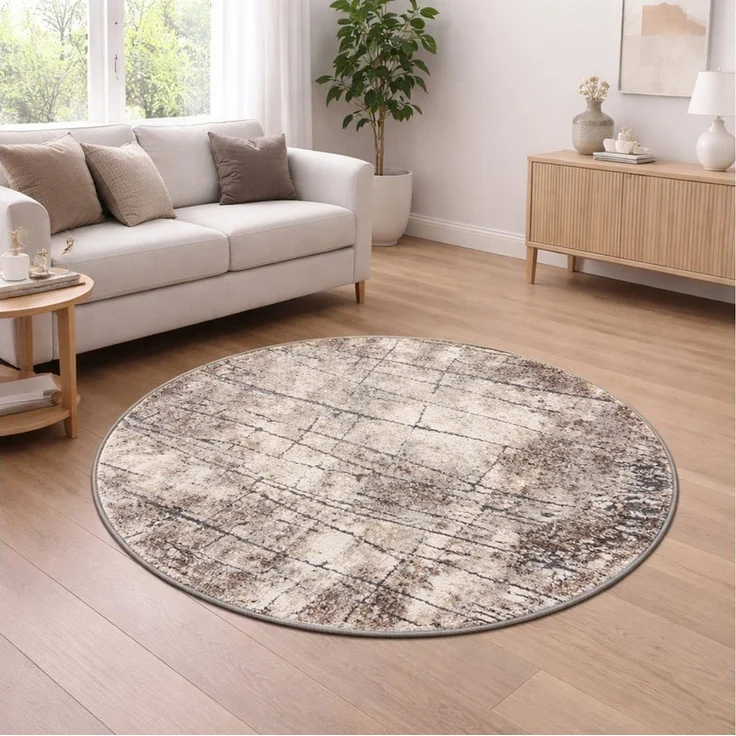 Carpetia Teppich Design Teppich Beige Grau Vintage Optik modern elegant Wohnbereich, rund, Höhe: 13 mm – Bild 1