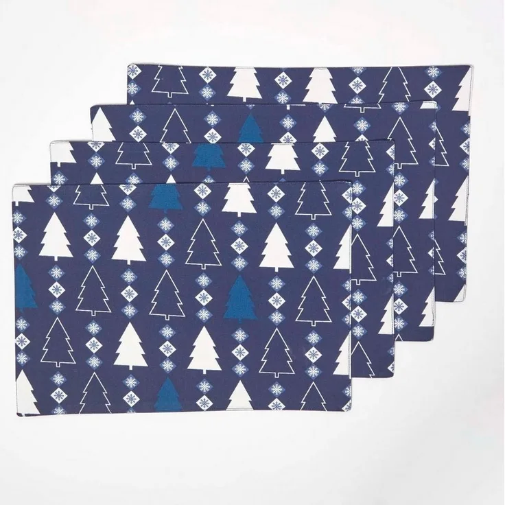 Homescapes Platzset 4 Weihnachtstischsets Winterland blau – 30 x 45 cm, 100% Baumwolle