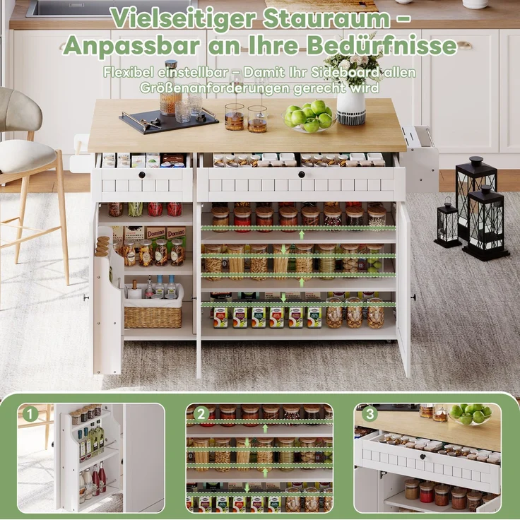 Küchenwagen 137×70×89,5 cm MDF klappbar Arbeitsfläche Schubladen Rollen Stauraum Küche Esszimmer,Weiß & Natur – Bild 6