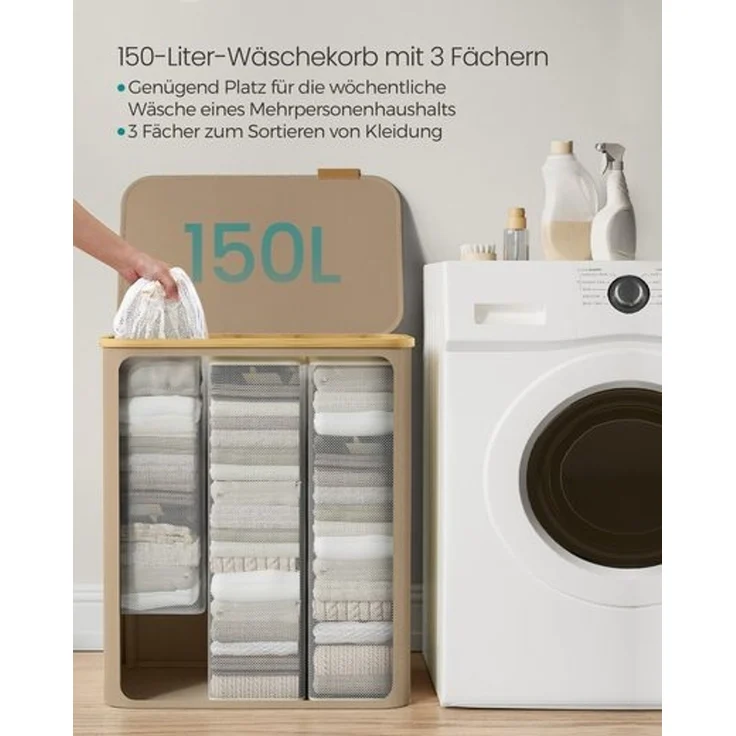 SONGMICS Wäschekorb mit Deckel und herausnehmbarem Wäschesack, zusammenklappbar, Bambus / Oxford-Gewebe kamelbraun, 90 l – Bild 3