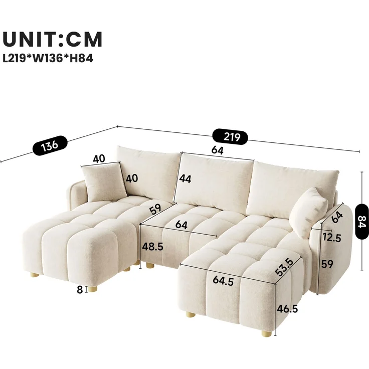 ZUBALIYA L-/U-förmiges wandelbares Ecksofa, 5-Sitzer modulare Sofakombination mit 2 Hockern und Kissen, Chenille-Stoff, Cloud-Sofa, breite Armlehnen, geeignet für Wohnzimmer, Schlafzimmer, Wohnung – Bild 6