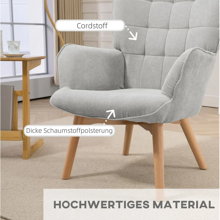 Ohrensessel mit Hocker 72 x 80 x 101 cm – Relaxsessel in Grau mit Holzbeinen und gepolstertem Sitz – Bild 4