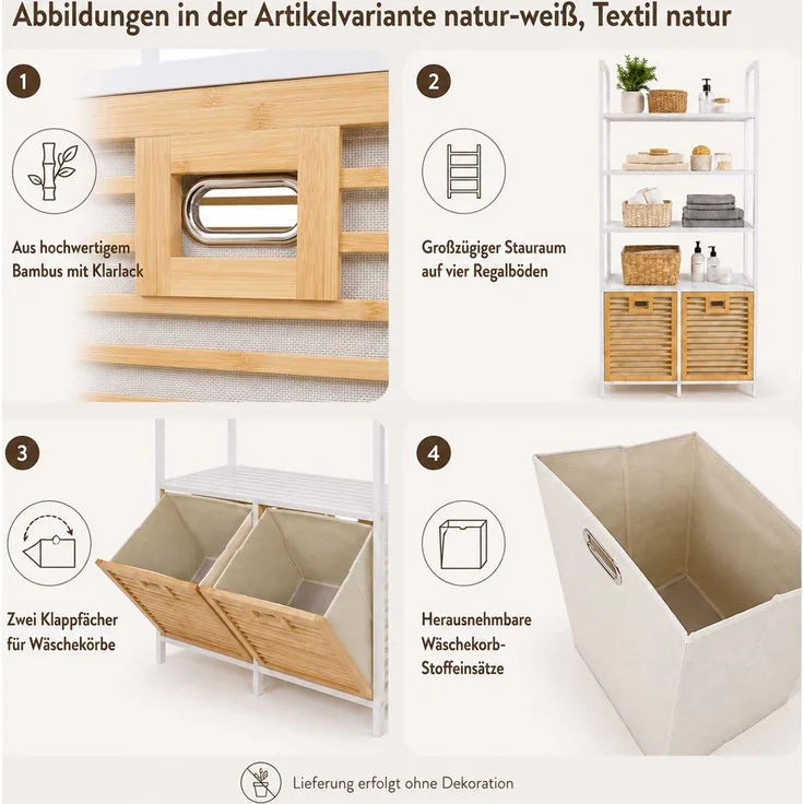 Bambus-Badezimmerschrank HWC-N83, Regal Badschrank, 2 Wäschekörbe 4 Regalböden MVG 168x81x33cm ~ natur, Korb grau – Bild 2