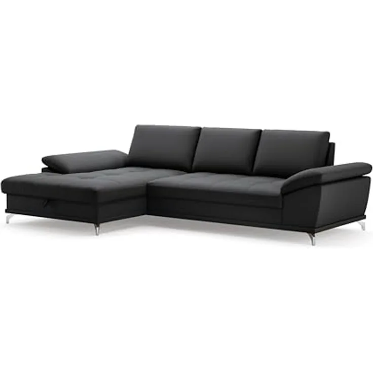 Cavadore Eckcouch Castiel mit Federkern / Ecksofa mit großem Longchair, Sitztiefenverstellung und mattschwarzen Metallfüßen / 301 x 89 x 176 / Echtleder, Schwarz
