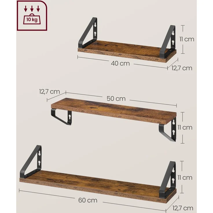 VASAGLE Wandregal, Schweberegal, 3er Set, Regalbrett, 2 Montagemöglichkeiten, 40/50/60 cm, für Wohnzimmer, Küche, Arbeitszimmer, Badezimmer, vintagebraun-mattschwarz LWSDE043K01 – Bild 5