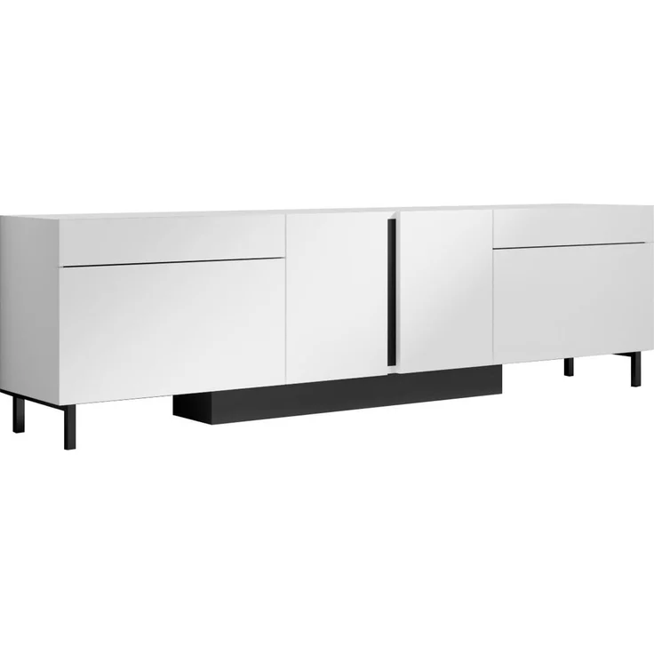 Moderner weißer TV-Ständer mit LED-Beleuchtung, 180 cm | 100% melaminbeschichtet, Metallbeine, RGB-Fernbedienung | Stilvoll & funktional