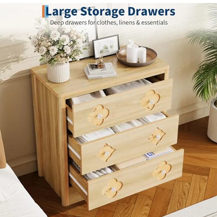 GarveeHome Kommode Mit 3 Schubladen, Nachttisch Mit Durchbrochenem Muster Und Kristallknauf, Dekorativer Beistelltisch Mit 220 kg Tragkraft, Für Wohnzimmer Und Schlafzimmer, 80 x 40 x 77 cm – Bild 7