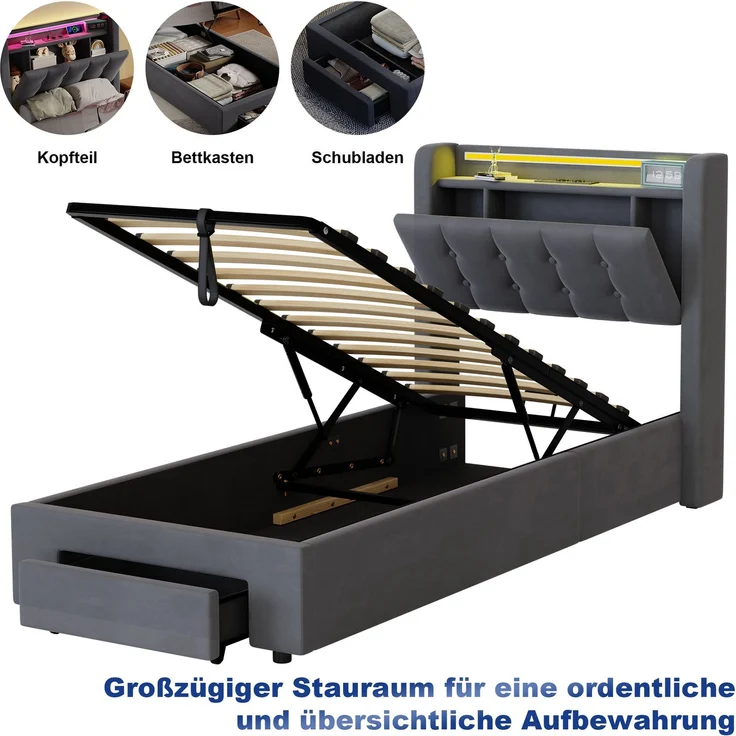 Polster-Jugendbett aus Samt mit LED, USB, hydraulischem Stauraum & Schubladen, ohne Matratze, 90x200 cm, Grau – Bild 10