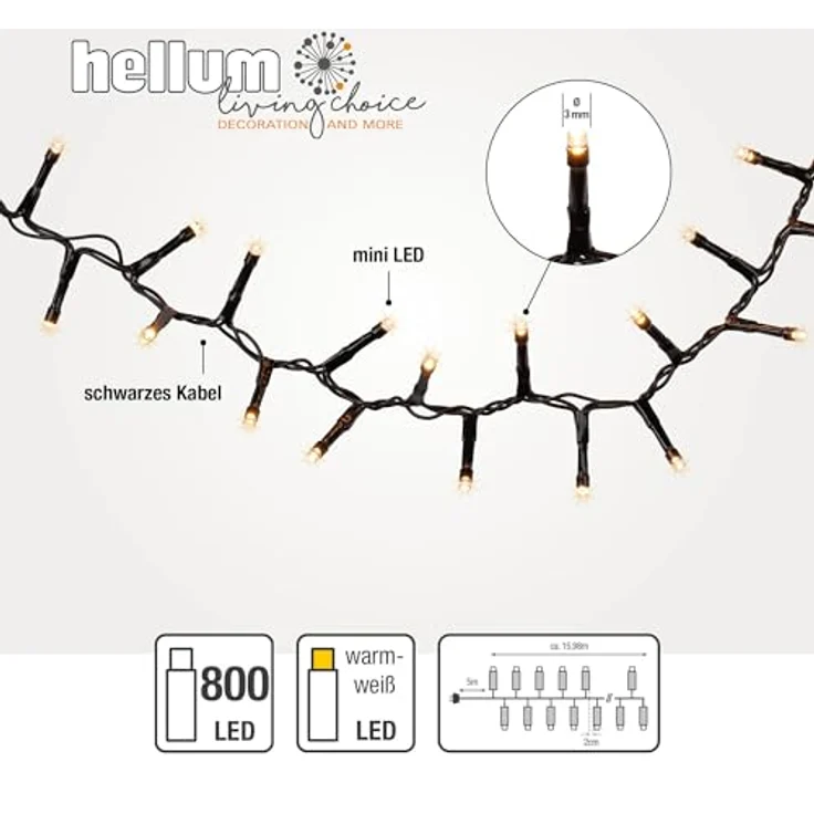 hellum Lichterkette außen 800 LED warmweiß, LED Lichterkette snake, innen, für Weihnachtsbaum, 15,98m lang beleuchtet < 59 Lumen, Kabelfarbe schwarz 151893 – Bild 4