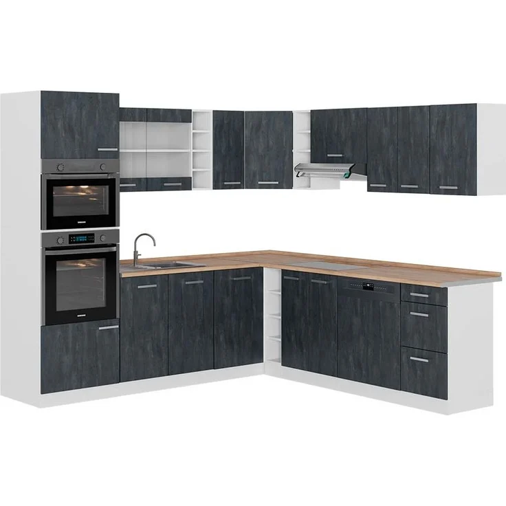 Eckküche R-Line Schwarz Beton/Weiß 247 x 60 cm AP Eiche Vicco – Bild 1