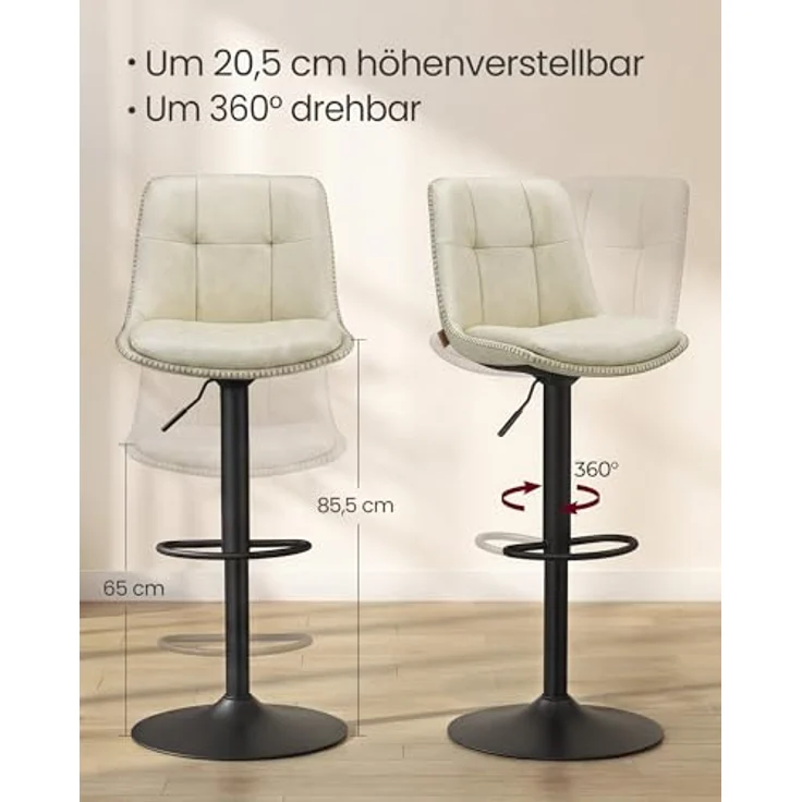VASAGLE Barhocker 2er Set, Barstühle höhenverstellbar, drehbare Küchenhocker, PU-Bezug, mit Rückenlehne und Fußstütze, Esszimmer, Theke, hellwarmweiß-Mattschwarz LJB095W101 – Bild 7