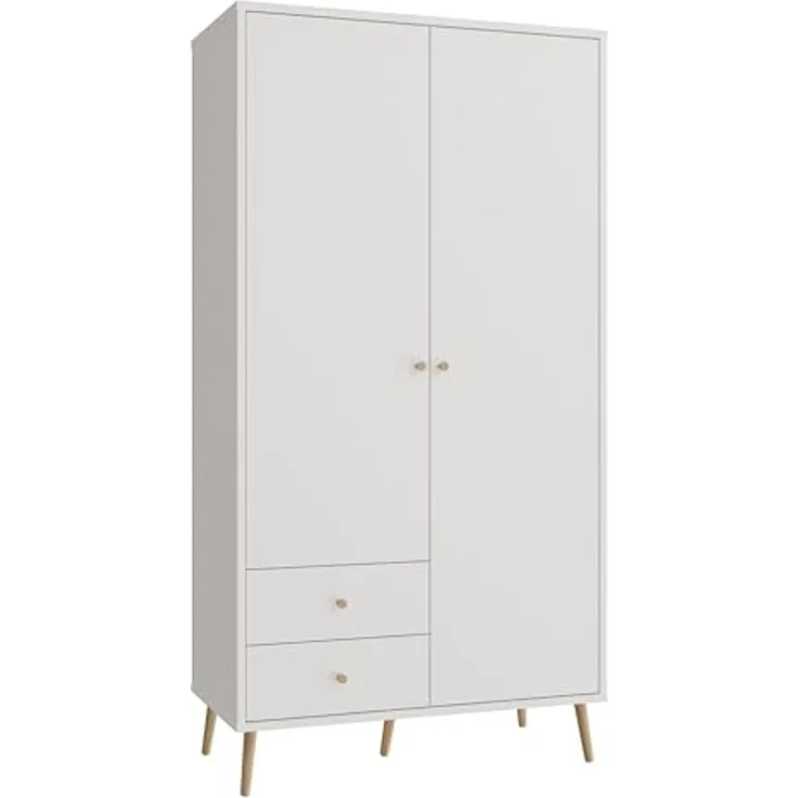 Forte HARLLSON Kleiderschrank 100 110, Mid-Century-Modern Stil, leichte Montage Dank EasyKlix by Forte, 2-türig, 2 Schubladen, Holzwerkstoff, Weiß, 104,5 cm breit x 201,7 cm hoch x 52,2 cm tief