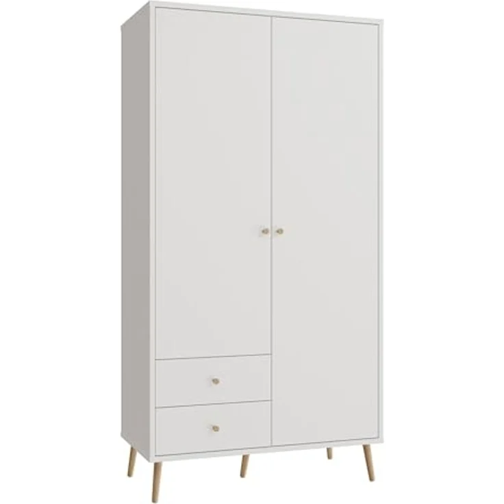 Forte HARLLSON Kleiderschrank 100 110, Mid-Century-Modern Stil, leichte Montage Dank EasyKlix by Forte, 2-türig, 2 Schubladen, Holzwerkstoff, Weiß, 104,5 cm breit x 201,7 cm hoch x 52,2 cm tief – Bild 1