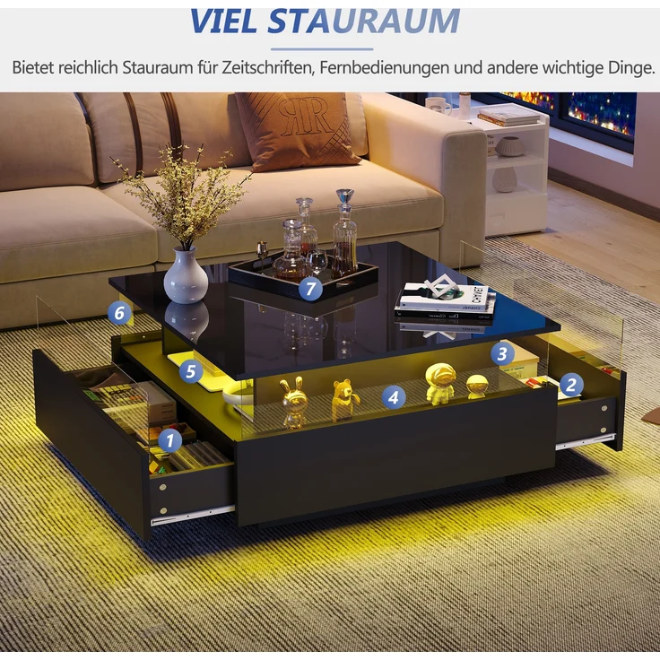 Couchtisch, Hochglanz, mit LED-Beleuchtung, 2 Schubladen & transparentem Display, 70x70x41 cm, Schwarz – Bild 8