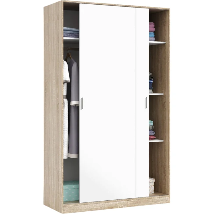 Dmora Kleiderschrank 2 Türen Adrenalin, Schlafzimmerschrank, Schrank mit 4 Regalen und Kleiderstange, 120x50h200 cm, Eiche und Weiß – Bild 5