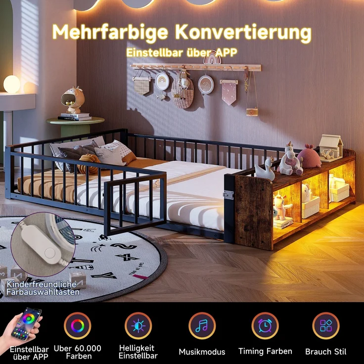 Kinderbett mit LED-Streifen, Regal, Zaun, Lattenrost und Tür, 140x200 cm, Einzelbett mit Rausfallschutz, Metallbett – Bild 4