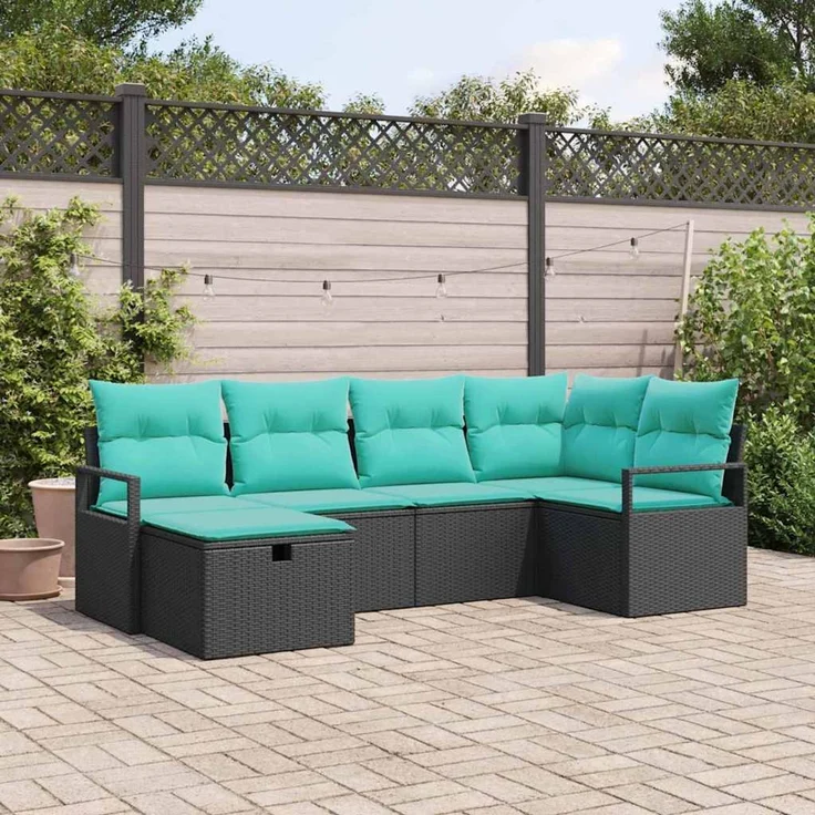 vidaXL Sofa Set 6 stk. 6-Sitzer Schwarz und Türkis Poly-Rattan 3359185 – Bild 1