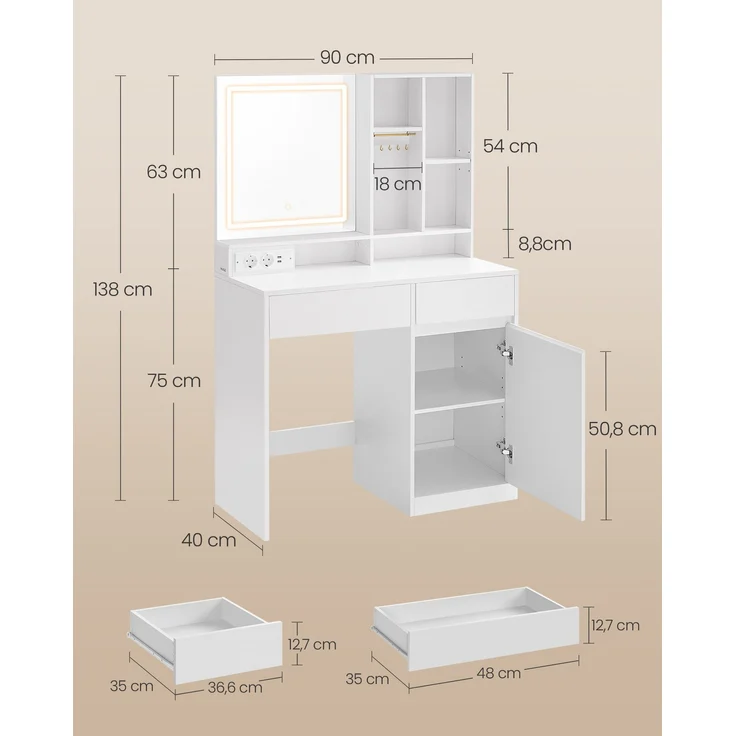 VASAGLE Schminktisch mit LED-Beleuchtung, Steckdosenleiste, Frisiertisch mit Schubladen, 90 cm breit, verstellbaren Ablagen, Schmuckaufbewahrung, für Schlafzimmer, wolkenweiß RDT134W01 – Bild 5