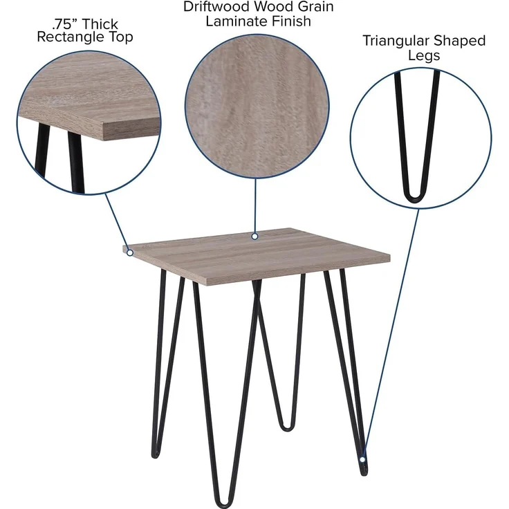 Flash Furniture Oak Park Collection Beistelltisch mit Holzmaserung und Metallbeinen, Treibholz – Bild 4
