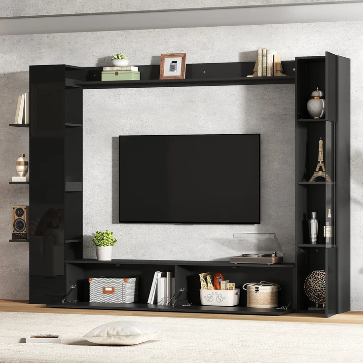 Wohnwand , Vitrinen Türanschlag wechselbar,(Set, 4-St), Kompaktwohnwand mit viel Stauraum,TV-Schrank, Vitrine, Aufbewahrungsschrank, speziell für das Wohnzimmer,Schwarz--Schwarz--245x30x170cm--YOUDENOVA – Bild 5