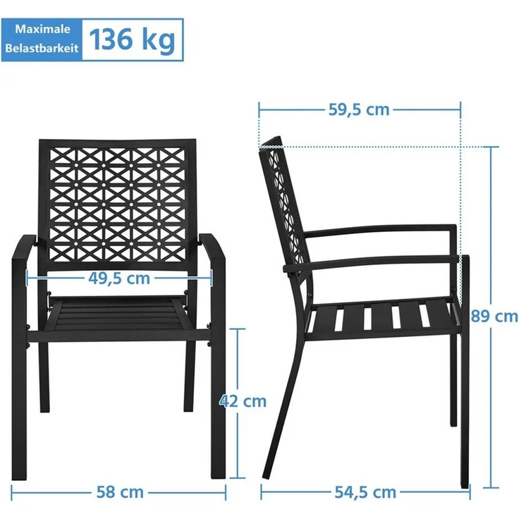 Yaheetech Gartenstuhl 2-er Set Outdoor-Esszimmerstuhl aus Metall, Metallstuhl 58 cm B × 59,5 cm T × 89 cm H bis 136 KG Belastbar – Bild 2