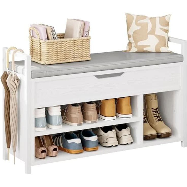 IRONCK Schuhbank mit Sitzfläche, Sitzbank mit Stauraum, Schuhschrank, offene Fächer, Metall Rahmen, Kunstleder, 130kg belastbar, Schuhregal für Eingang,Flur,Wohnzimmer,Schlafzimmer (Weiß) – Bild 2