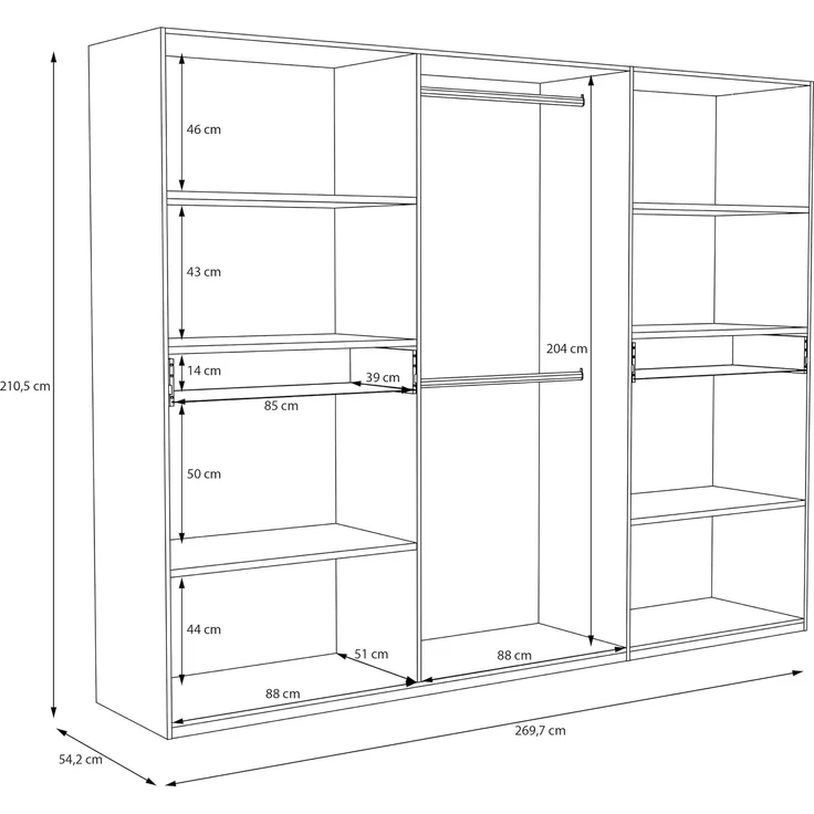 Forte Serenade Kleiderschrank 270, moderner Drehtürenschrank, 10-türig, 2 Schubladen, Kleiderstangen, Einlegeböden, Spiegel, Holzwerkstoff, Weiß, 269,7 cm breit x 210,5 cm hoch x 54 cm tief – Bild 7