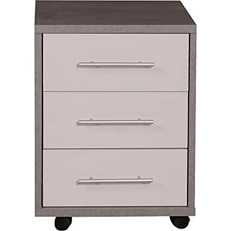 Dmora Bürokommode mit 3 Schubladen auf Rollen, Dokumentenhalter, eleganter Schreibtisch-Nachttisch, cm 43x40h57, Farbe Zement und Weiß – Bild 3