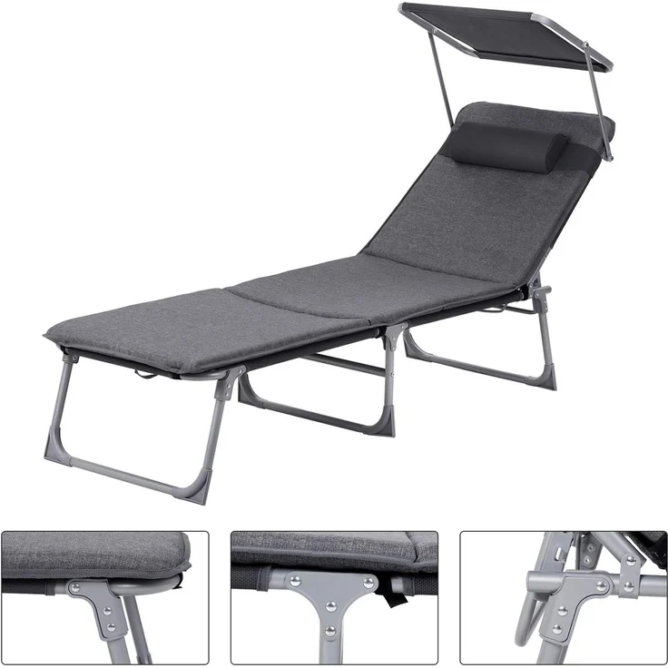 SONGMICS Sonnenliege, Liegestuhl mit 3 cm Dicker Auflage, Kopfstütze, Sonnendach, Rückenlehne verstellbar, klappbar, 53 x 193 x 29,5 cm, bis 150 kg belastbar, Garten, Balkon, dunkelgrau – Bild 8