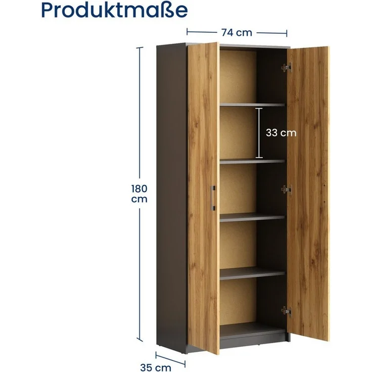 Home Collective Mehrzweckschrank Aktenschrank mit 5 Fächern Haushaltsschrank (74 cm breit aus Laminatplatte und hochwertigen Polymergriffen) in mattem Finish mit 4 Einlegeböden und 2 Türen graphit Eiche – Bild 2