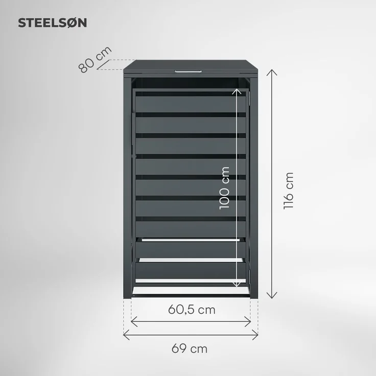 STEELSØN 'Kestra' Mülltonnenbox 1er 240 Liter, anthrazit, Mülltonnenverkleidung aus Stahl, wetterfest, 116x80x69 cm, Müllbox für 1 Tonne – Bild 5