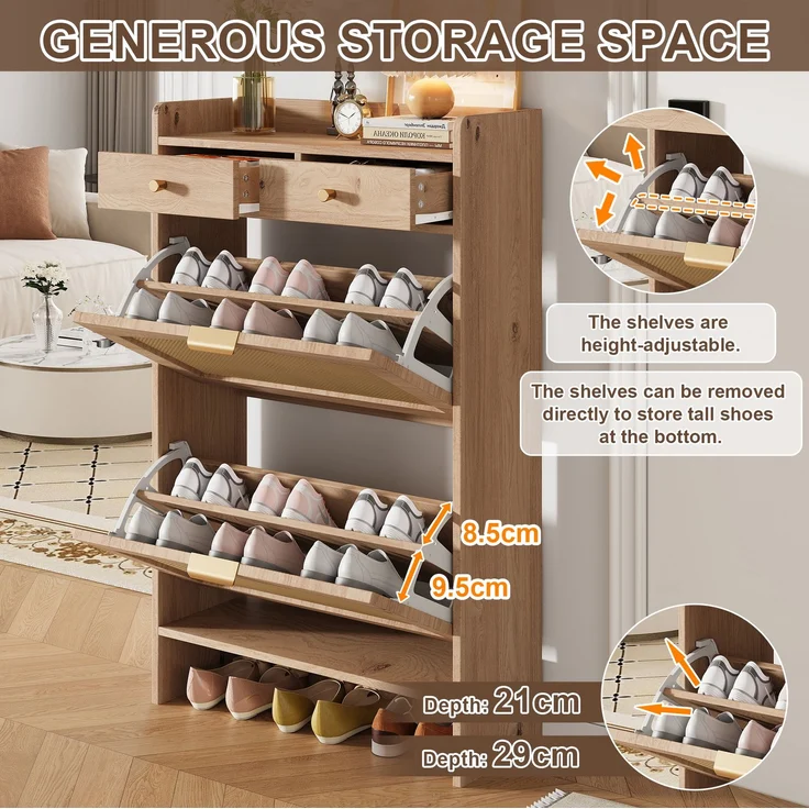 ZUBALIYA Schuhschrank (65 x 25 x 106 cm), 2 Klappfächer und 2 Schubladen, Fronten in Flechtoptik, Aus Spanplatte, Naturfarben – Bild 11