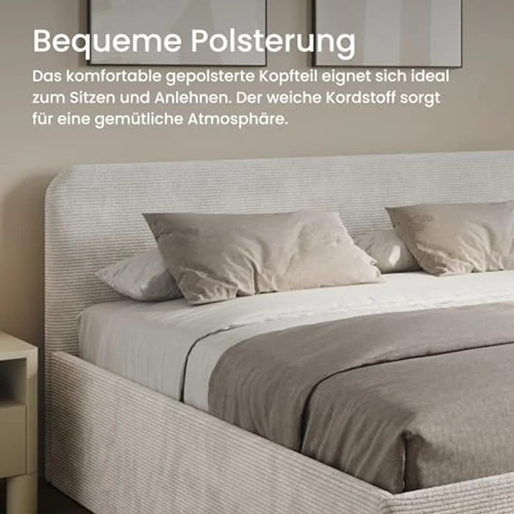 Home Collective Polsterbett Bett mit Stauraum, verstellbarem Lattenrost, viele Größen (Größen: 100x200 120x200 140x200 160x200 180x200 200x200, hochwertiger Kordstoff, made in Germany), wählbare Matratze Federkern oder Kaltschaum, Hellbeige – Bild 4