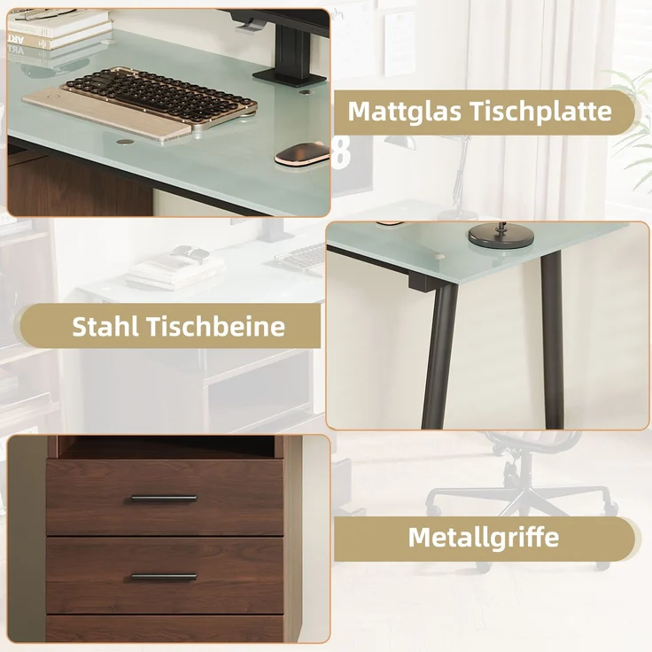 Abrihome Schreibtisch mit Glasplatte und 3 Schubladen, Braun, 75x50x130 cm – Bild 4