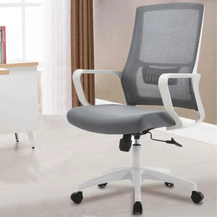 Shally Dogan Ergonomischer Drehstuhl mit Lendenwirbelstütze, Schreibtischstuhl, Arbeitszimmerstuhl, höhenverstellbar, stabile weiße Basis, schweißfeste Rückenlehne (Grau) – Bild 5