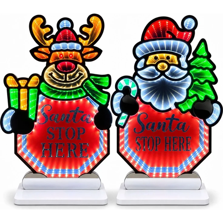 LED Infinity Spiegel 2er-Set Santa Stop Here, Rentier und Santa mit Timer – Bild 1