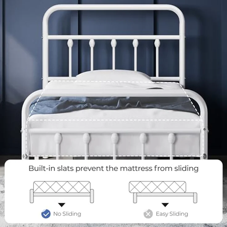 Yaheetech Bettrahmen Vintage Stil 90x200 cm Metallbett Bettgestell aus Metall mit Lattenrost, Modern Gästebett Jugendbett, Weiß – Bild 6