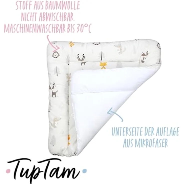 TupTam Baby Wickeltischauflage mit Baumwollbezug Gemustert, Farbe: Wald/Fuchs/Reh/Igel/Bärchen/Beige, Größe: 75x85 cm – Bild 4