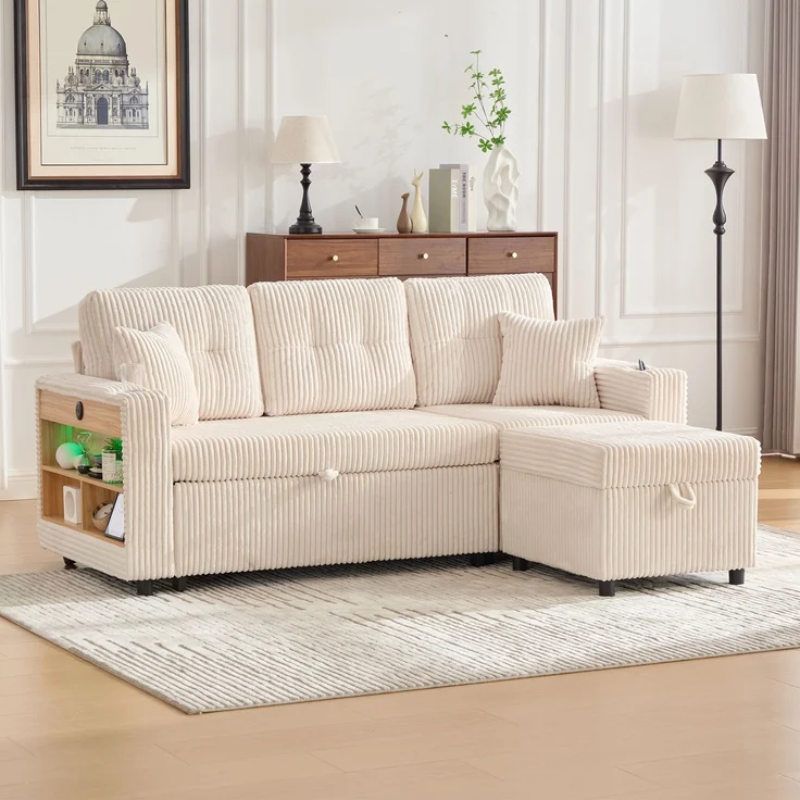 ZUBALIYA Sofa 144x85 cm, mit LED - Beleuchtung, mit USB - Anschluss, mit Stauraum, mit Ablageflächen, mit Ausziehbett – Bild 11