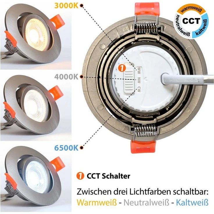Maxkomfort LED Einbaustrahler 6er Set LED Einbaustrahler schwenkbar ultraflach Ø85mm, LED wechselbar, Warmweiß/Kaltweiß/Neutralweiß, 3 Lichtfarben - 3000K/4000K/6500K - Deckenspots/Einauspots IP20 silber – Bild 4