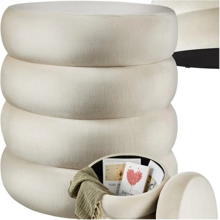 tectake® Hocker mit Stauraum, Scandi Sitzhocker Samt Stoff, Pouf, Polsterhocker rund für Schminktisch, Schlafzimmer, Wohnzimmer Möbel, als Flur Möbel, Stauhocker Wohnen - Samtoptik Creme-weiß – Bild 4