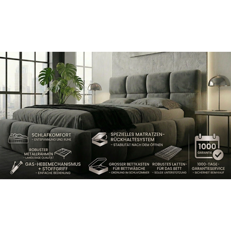 Polsterbett EMILI 120x200 mit Matratze, Bettkasten und Lattenrost. Farbe: Grau 16 – Bild 4