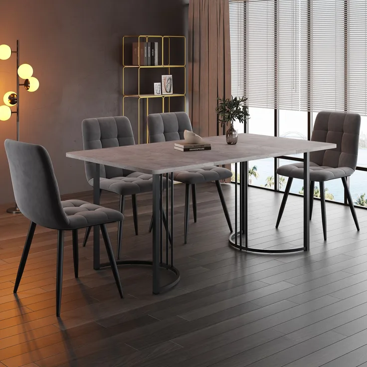 Essgruppe 5-tlg, Esstisch 140x80x75 cm Grau Marmor & 4 dunkelgraue Samtstühle