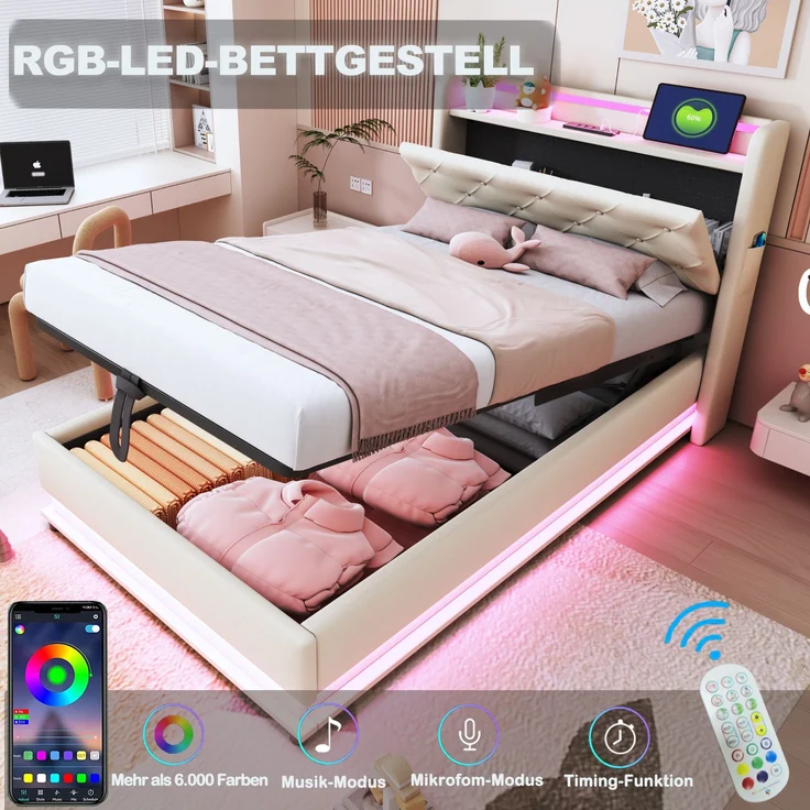 Polsterbett 90x200 cm aus Leinenstoff mit Stauraum und LED-Beleuchtung, ohne Matratze – Bild 5