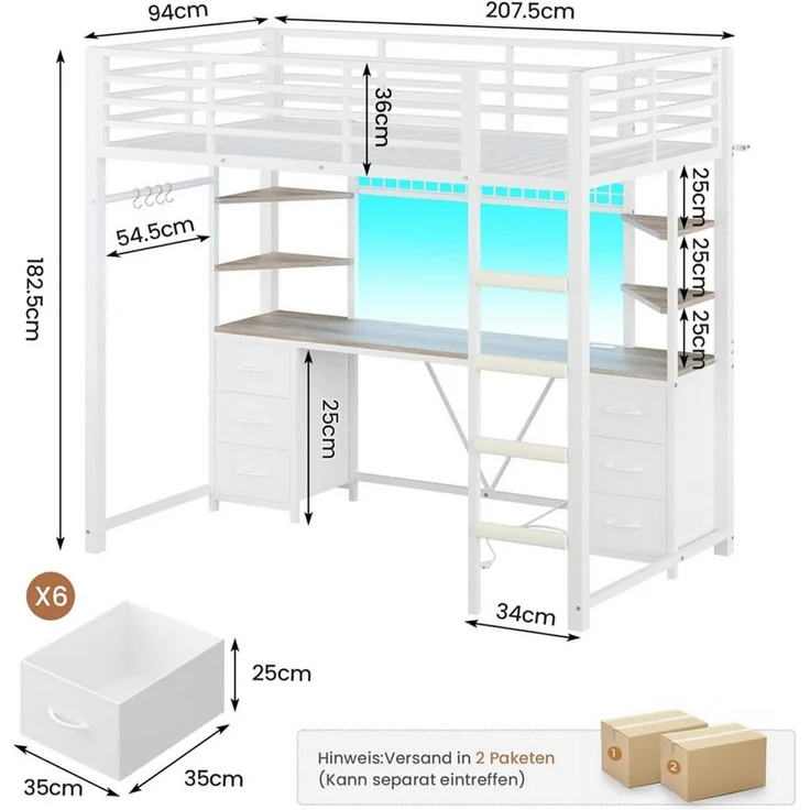 MSMASK Hochbett Jugendbett mit Schreibtisch, 6 großen Schubladen & 4 Ablagen (Ohne Matratze) Kinderbett mit Metall-Rausfallschutz und Leiter, 90x200cm – Bild 2