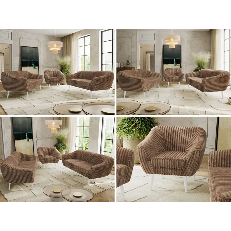 Wohnzimmerset, Möbelset PIRS 3-3-1, Armlehnen, Wellenfederung, weiße Füße, Dreisitzer Sofas mit Sessel, Polstermöbel Set - Braun Cord – Bild 2