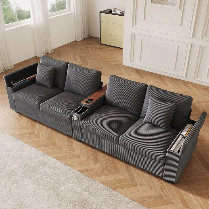 Big-Sofa mit Mehrfachsteckdosen und Stauraum, USB und Type-C, 4-Sitzer, inkl. loser Rückenkissen, Cord Bezug – Bild 1