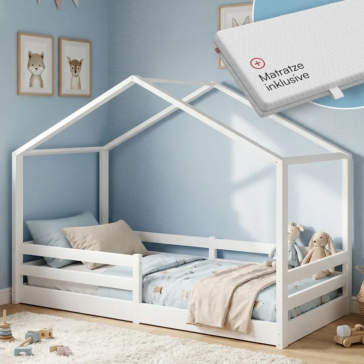 Bellabino 'Abia' Hausbett 90x200 cm mit Matratze, weiß, Kiefer Massivholz, Bodenbett in Hausoptik, Montessori Kinderbett mit Rausfallschutz und Lattenrost